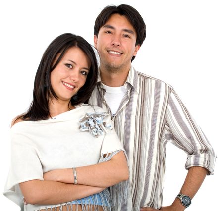 happy couple of young adults portrait smiling isolated over a white background