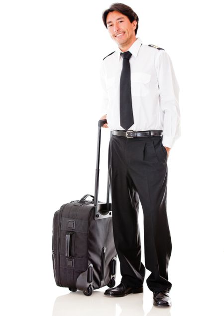 Handsome male pilot with a bag - isolated over a white background