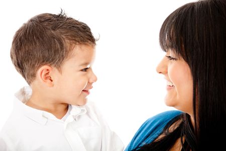 Mother and son smiling - isolated over a white background