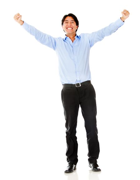Successful businessman with arms up - isolated ove a white background